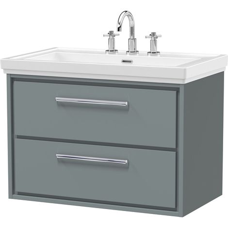 Balterley Longnor Modern Bathroom Wall Hung 2-Drawer Vanity Unit with Fireclay Basin, Coastal Grey, 800mm