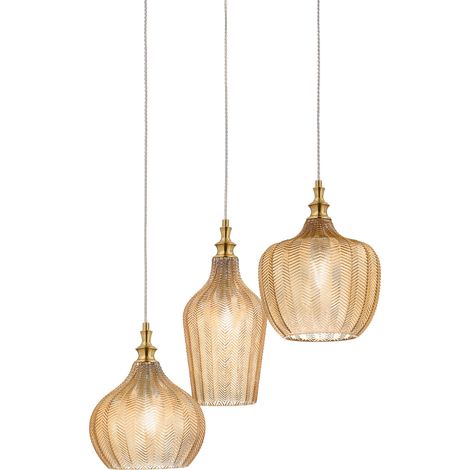 Lampada a Sospensione Tripla Cleofe S/3 Ambra - Montatura Ottone 3x E27 Max 180W Vetri Ambra Trasparente - Gealuce (1/3)
