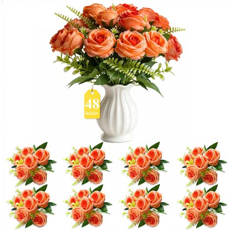 24 Orange Roses Fleurs Artificielles Longue Tige Décoration Mariage (1/5)
