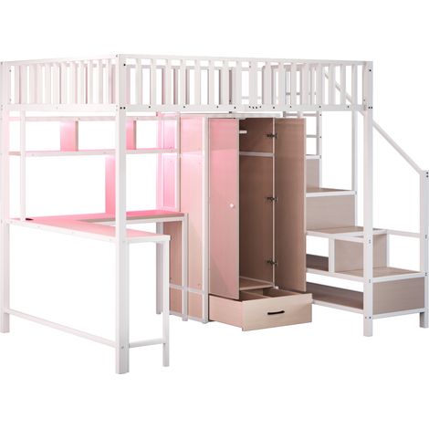 Metall-Hochbett 140 x 200 cm Weiß mit Schreibtisch, Regalen, Schrank und Schubladen (1/5)