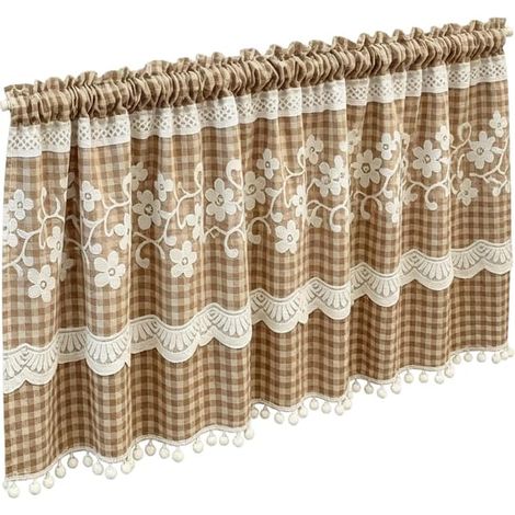 Rideaux occultants à carreaux et bordure rose, style minimaliste, à fixer sur une tringle, pour cuisine, couleur marron - 150 cm x 70 cm (1/5)