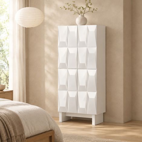 Meuble à chaussures haut blanc en aggloméré, 4 portes et étagères réglables OKWISH (1/5)