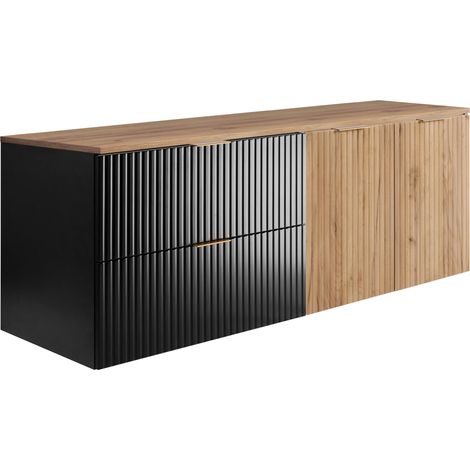 Set da bagno: mobile con cassetti e mobile con ante 57×46×160 cm, colore: nero / rovere Craft, maniglia dorata (1/5)