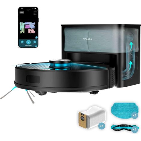 Robot Aspirateur et Laveur de Sols avec Base d'Auto-vidage. Navigation Laser, Puissance d'Aspiration 5000Pa, Base avec Réservoir 3L, Brosse Multifonction, App (1/5)