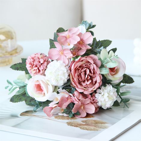 LEDANDER 2 bouquets de roses artificielles réalistes au toucher naturel, parfaits pour les mariages, les fêtes,le jardin et l'intérieur/extérieur-rose (1/5)