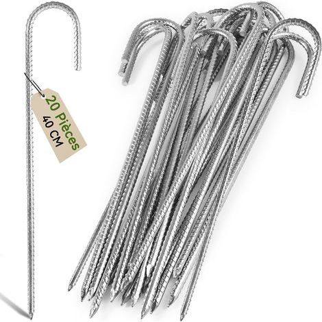 20 Piquets d'ancrage, Acier galvanisé 40cm, Crochet en J, Pour tente, Trampoline, Jardin (1/5)