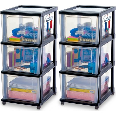 Iris Ohyama, Tour de Rangement Plastique à Roulettes, Lot de 2, 3 Grands Tiroirs, Noir, KMC-303