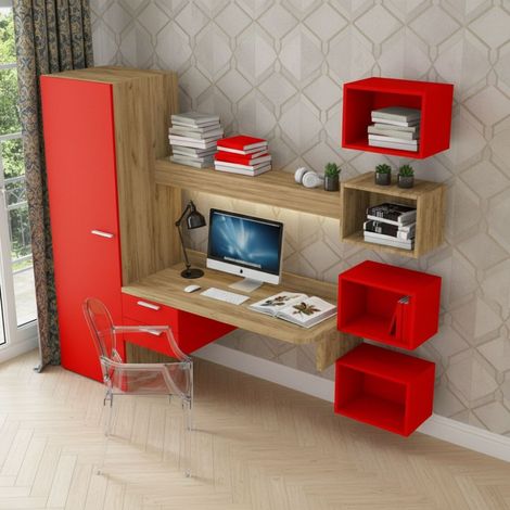 Scrivania sospesa design con mensola luminosa, pensili e armadio - Quercia e Rosso (1/5)