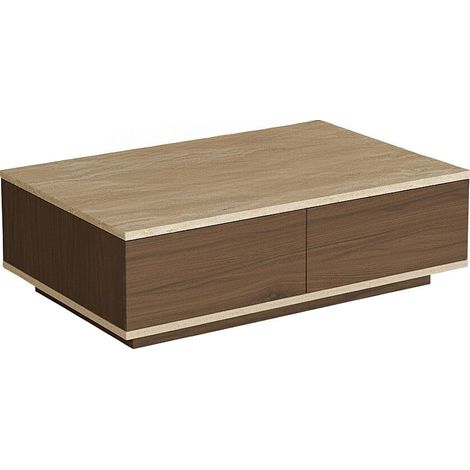 Table basse avec 2 portes - Effet travertin beige et Naturel foncé - LOTULA