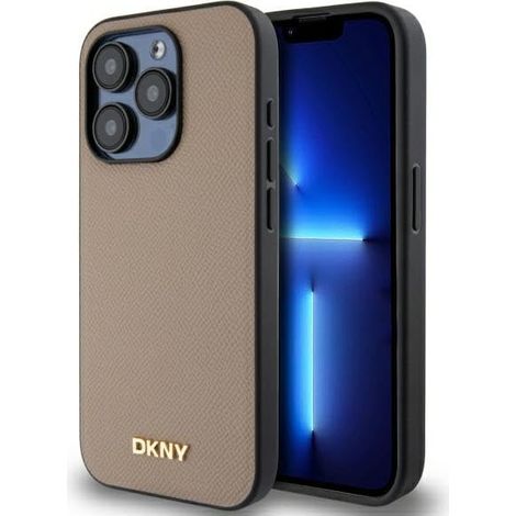 Coque rigide beige/beige DKNY DKHMP15LPGHLME pour iPhone 15 Pro 6,1 pouces, logo en métal grainé, compatible MagSafe.