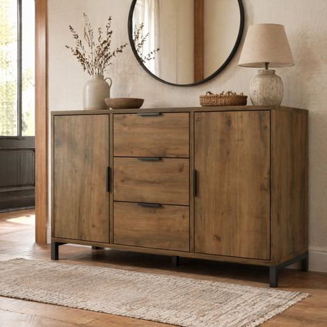 Cómoda HAVRYA de roble oscuro, 2 puertas y 3 cajones, 120 x 40 x 76 cm (1/5)