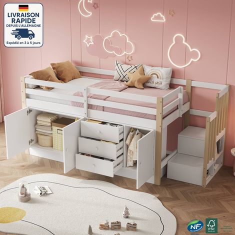 Lits enfant avec tiroirs 90x200cm avec 3 tiroirs 2 rangements, escalier avec compartiments de rangement, sans matelas, MDF+Bois, blanc (1/5)