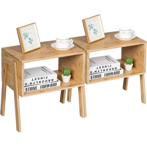COSTWAY Juego de 2 Mesitas de Noche Apilables Mesa de Café de Bambú con Compartimento Abierto para Salón Dormitorio (1/5)