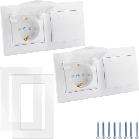 Prise Encastrée 2 Pièces 16A 250V Double Prise avec Rabat Blanc Murale étanche Intérieure et Extérieure Prise Contact de Terre avec Couvercle à Charnière Pour Salle de Bain Cuisine (1/5)