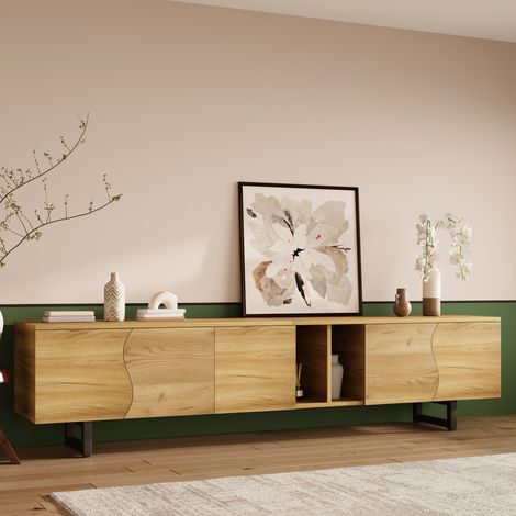 TV Möbel mit Geschlossenen Fächern und Offenen Regalböden, Natürlicher Stil für Wohnzimmer, MDF, 191 x 38 x 46.5 cm (1/5)