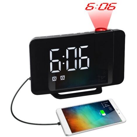 Radio, réveil à projection, horloge électronique à grand affichage LED, radio-réveil double alarme à surface incurvée, horloge de table (1/4)