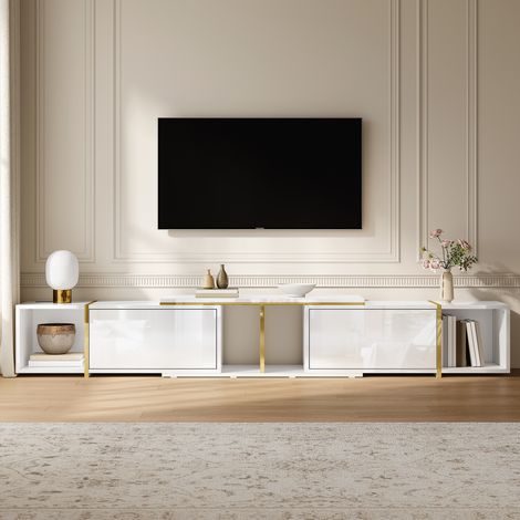 Modernluxe - Meuble TV extensible 275x35x37 cm - Panneaux brillants - 2 portes abattantes et étagères ouvertes - Panneaux de particules - Blanc (1/5)