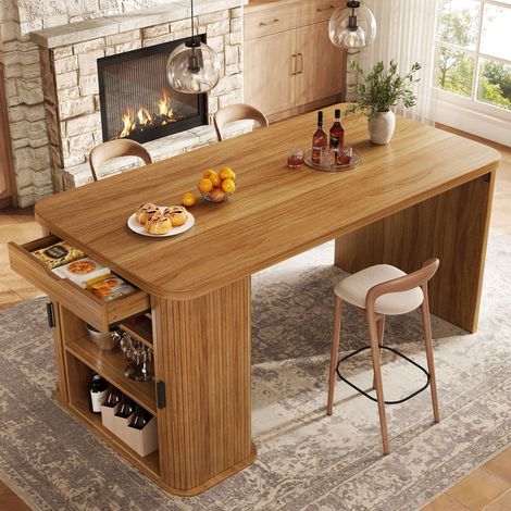 Îlot de cuisine 120x60x91cm brun, table haute avec tiroir, porte-bouteilles 3 places et portes coulissantes à lamelles, rangement MDF et métal (1/5)