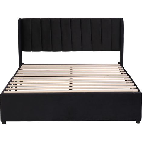 Letto capitonné in velluto nero 140 x 200 cm con rete, testiera e 2 cassetti (1/5)