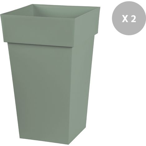 EDA – Lot de 2 pots de fleur carré 39 x 39 x H.65 cm – Vert laurier – 62 L – Polypropylène résistant aux UV et gel – Zone de rétention d'eau