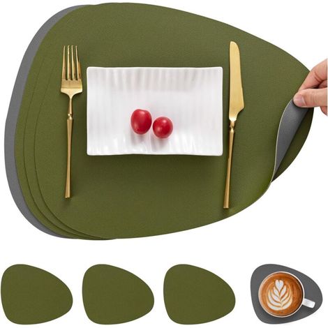 Leather Placemat and Coaster Set, Double-Sided Non-Slip Placemat, Washable and Waterproof Placemat Set, Plastic Placemat (Grey Green, Set of 4) (1/5)
