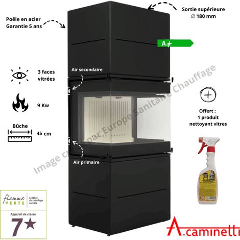 A Caminetti – Poêle à bois 3 faces relevables noir – Puissance 9 kW – Rendement 83% – Longueur max bûches 45 cm – Sortie de fumée Ø180 mm (1/4)