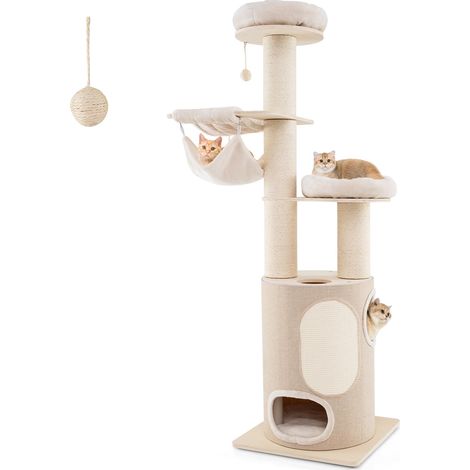 COSTWAY Tiragraffi per Gatti, Albero per Gatti con Nido a 2 Piani, 2 Amache, 2 Posatoi, Tiragraffi in Sisal, Tappetino, Pallina e Cuscini Lavabili, Torre a 6 Livelli per Gatti Piccoli e Grandi (1/5)