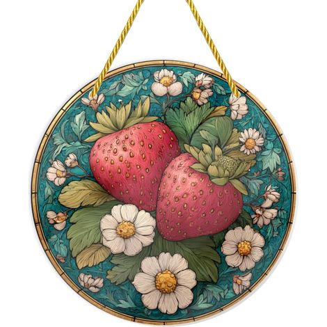 Pare soleil suspendu rond en acrylique de 20 x cm, motif fraises et fleurs, idéal (1/5)