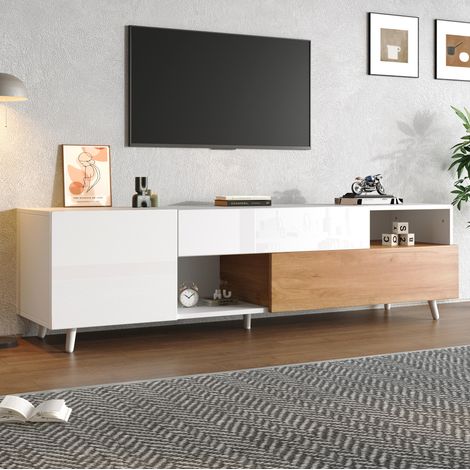 Mobile TV con contenitore 180x38x50 cm bianco effetto legno, fronte lucido, TV 75" - CHICFURN (1/5)