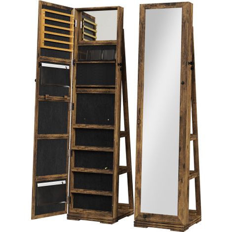 360° Swivel Jewelry Cabinet with Full Length Mirror,Lockable Organizer and Makeup Storage Shelves for Bedroom,Rustic Brown Finish