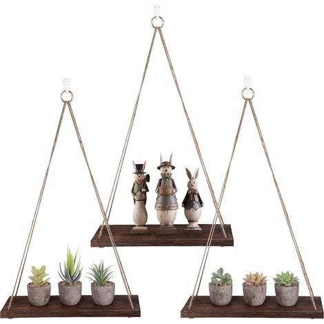 Wandregale, 3er-Set, Wandregal aus Holz mit Makramee-Seil, Boheme Deco, Wanddekorationsregal, Makramee-Wandhängeseil für Wohnzimmer, Schlafzimmer, Badezimmer und Küche.
