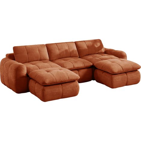 Divano modulare a U 3 posti senza struttura in ciniglia arancione con 2 pouf (1/5)