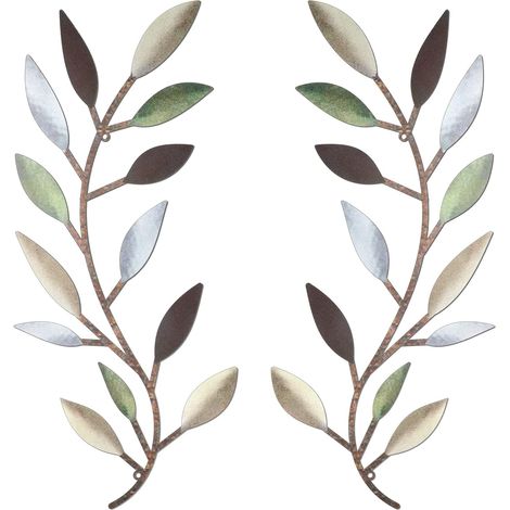 Set di 2 decorazioni da parete in metallo raffiguranti foglie di alberi e rami di ulivo, per soggiorno, corridoio o decorazione esterna (multicolore) (1/5)