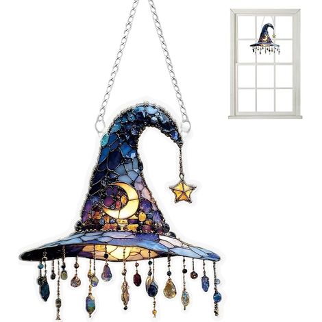 Décorations de chapeau de sorcière pour Halloween, ornements décoratifs 2D teintés, attrape-soleil mural, art de fenêtre (1/5)