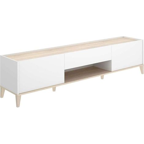 Mueble de televisión 2 puertas, 1 cajón, 1 hueco modelo Celia acabado Natural-Blanco, 50.1cm(alto) 196.5cm(ancho) 39.2cm(fondo).