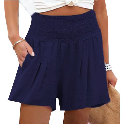 Short d'été femme décontracté pour le sport, taille élastique froncée, avec poche, bleu foncé, taille XL (1/5)