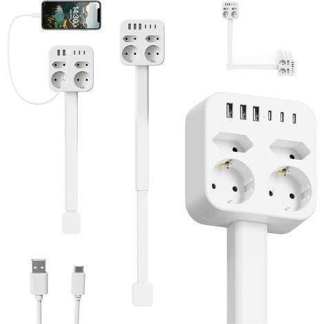 Rallonge de Prise avec Barre d'Extension Extensible, 4 Prises Électriques 3 USB-A & 3 USB-C, 360° Rotatif & Extensible (44,5-65 cm) – Multiprise Extensible pour Prises Difficiles d'Accès (1/5)