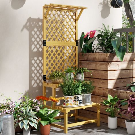 Support plantes intérieur porte plante intérieure à deux niveaux avec treillis 60 x 50 x 166 cm en bois massif jaune