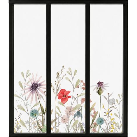 Verrière atelier intérieure aluminium noir 3 vitrages 102 x 117 cm - Décor végétal - Herbier - rouge et vert et transparent - Verre trempé (1/5)