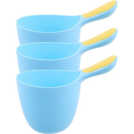 Vaso de 3 piezas para lavar el cabello del bebé, vaso para enjuagar el champú para niños pequeños, cuchara de agua de plástico reutilizable, cuchara medidora pequeña, diseño ergonómico azul. (1/4)