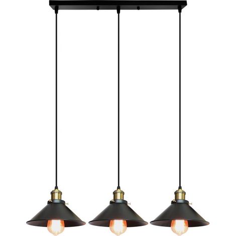 – Lustre suspension industrielle 3 lumières – Design vintage réglable – Abat-jour fer 22x16,5cm – Douille E27 pour ampoules LED (1/5)