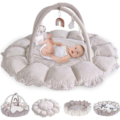 Tapis d'Eveil Bébé Doux Gym Centre Arche de Jeu avec Jouets Peluches Amovibles pour Bébé de 0 Mois+ Cadeau de Naissance - Gris (1/5)