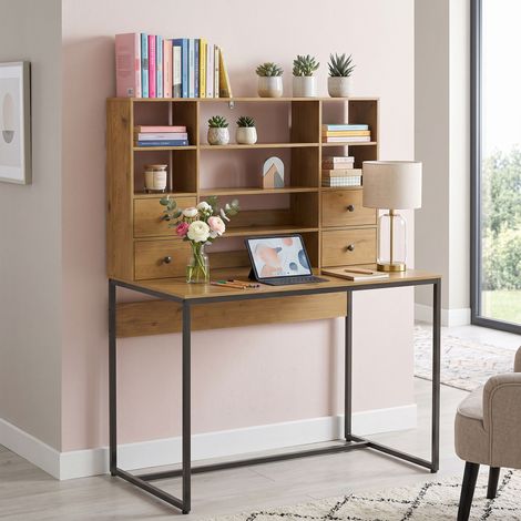 Bureau d'ordinateur avec 4 tiroirs, 105 x 60 cm, bureau avec rangement, étagères ouvertes, 105 x 60 cm, bois naturel (1/5)