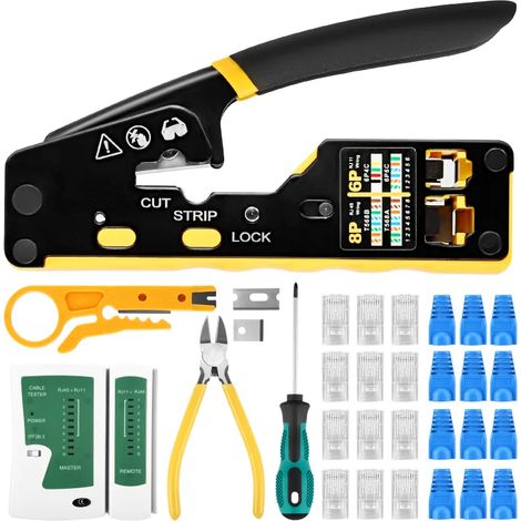 Kit de sertissage RJ45 - Un kit d'outils réseau comprenant une pince à sertir, un testeur LAN, une pince à dénuder, etc.  Compatible avec les câbles CAT5e, CAT6, CAT6A et CAT7  Inclut 50 connecteurs e