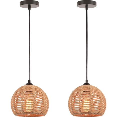 Lot de 2 Suspension Luminaire Rotin Vintage E27 Lustre Rétro Abat-jour Cage en Métal et Corde de Chanvre Lampe Suspendue pour Salon Chambre Cuisine, Ø20cm (1/5)