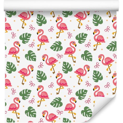 Papier peint Flamants roses blancs et corail pour salon et chambre 50x1000 cm (1/5)