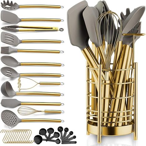 38-teiliges goldfarbenes Küchenhelfer-Set aus antihaftbeschichtetem Silikon, bestehend aus Pfannenwender und Löffel, inklusive robustem Edelstahl-Besteckhalter, spülmaschinenfest (1/5)
