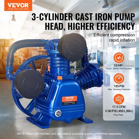 Tête de Pompe de Compresseur d'Air, 10 CV, Tête de Pompe à Piston Lubrifié à l'Huile 3 Cylindres, Débit 409 L/min 17,5 CFM à 90 PSI… (1/5)