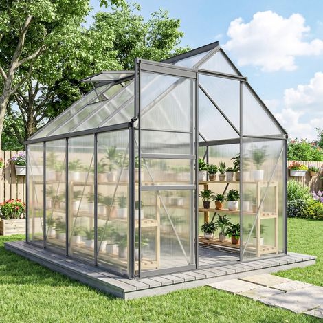 Serre de jardin en polycarbonate 4,8 m²avec fondation, lucarne réglable, porte coulissante 1,9x2,53x1,99m transparent (1/5)