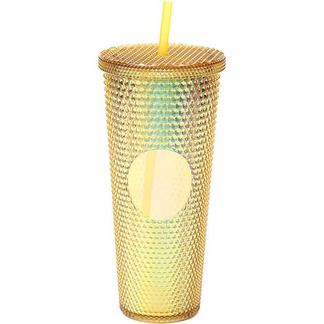 24 oz Plastic Tumbler with Lid and Straws, Reusable Double Wall Tumbler for Office, Outdoor, Dining Room, Pool (Clear Gold) (1/5)
